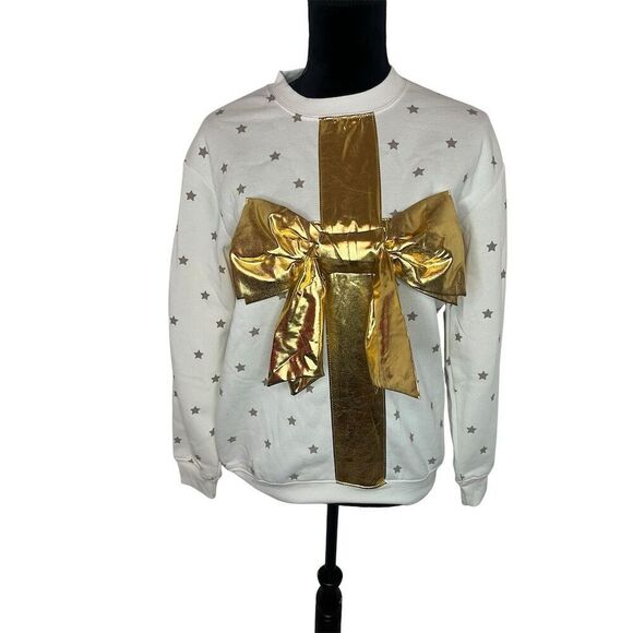NWT UGLY CHRISTMAS SWEATER FESTIVE GOLD & WHITE PRESENT BOW WOMENS SIZE SMALL - Picture 1 of 8
